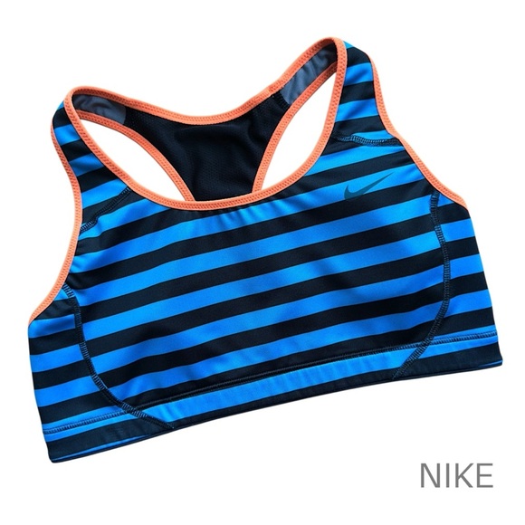 NIKE | NWOT DRI-FIT RACERBACK SPORTS BRA STRIPED BLUE BLACK ORANGE | MEDIUM - Picture 1 of 8